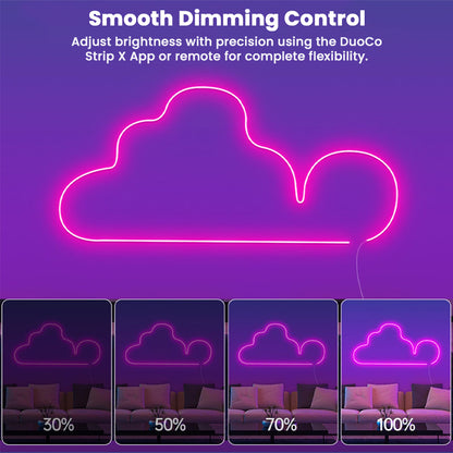 Smooth dimming control on TECPHILE RGBIC Neon LED Strip Light using app or remote, perfect for mood lighting in any room.