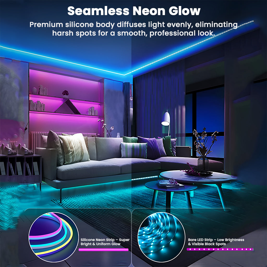 Seamless neon glow from TECPHILE RGBIC LED Strip Light with silicone body for uniform brightness and professional lighting finish.