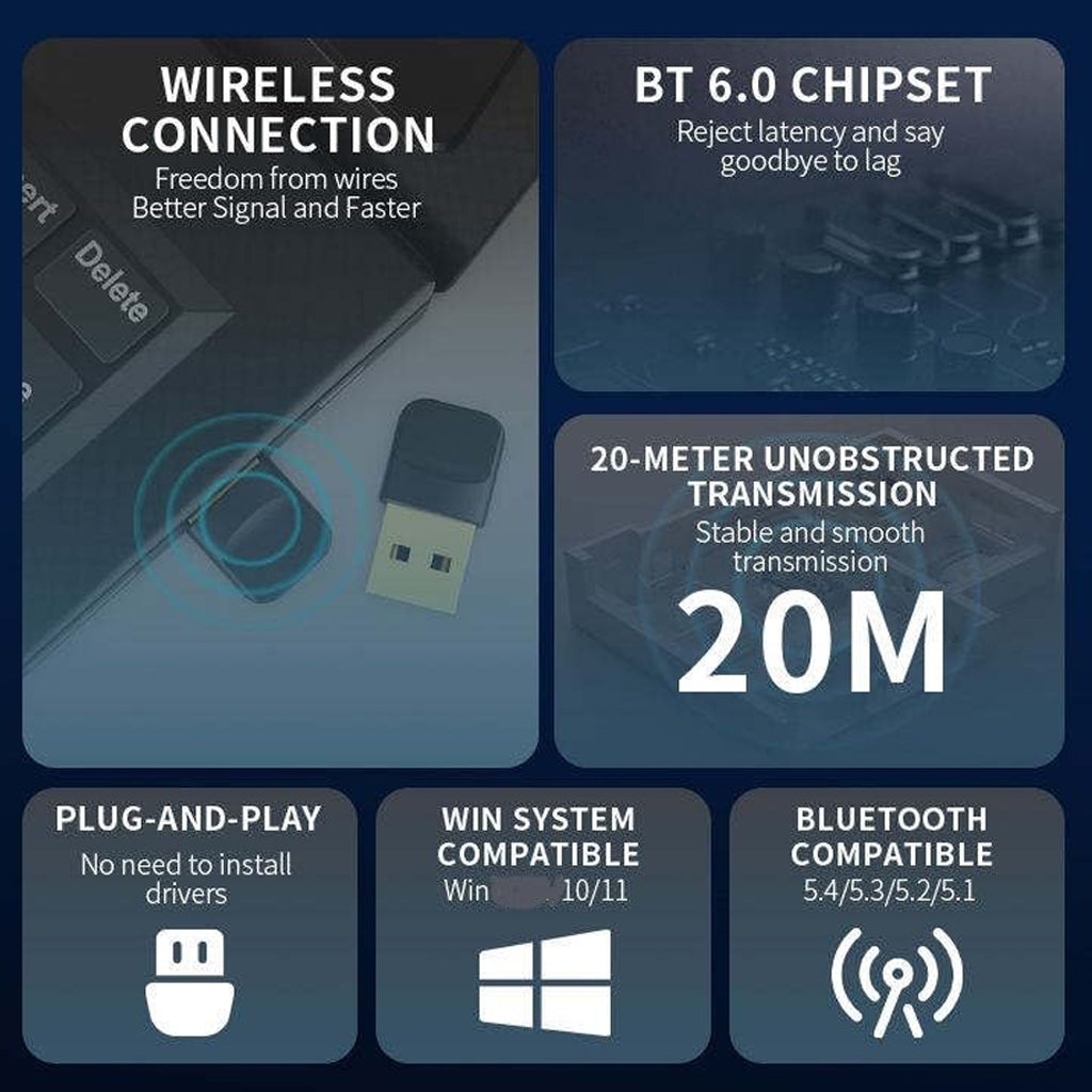 TECPHILE- TP01 Bluetooth 6.0 USB Bluetooth Transmitter features 20-meter range, low latency, and compatibility with Windows 10/11 and multiple Bluetooth versions.