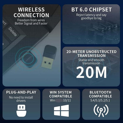 TECPHILE- TP01 Bluetooth 6.0 USB Bluetooth Transmitter features 20-meter range, low latency, and compatibility with Windows 10/11 and multiple Bluetooth versions.