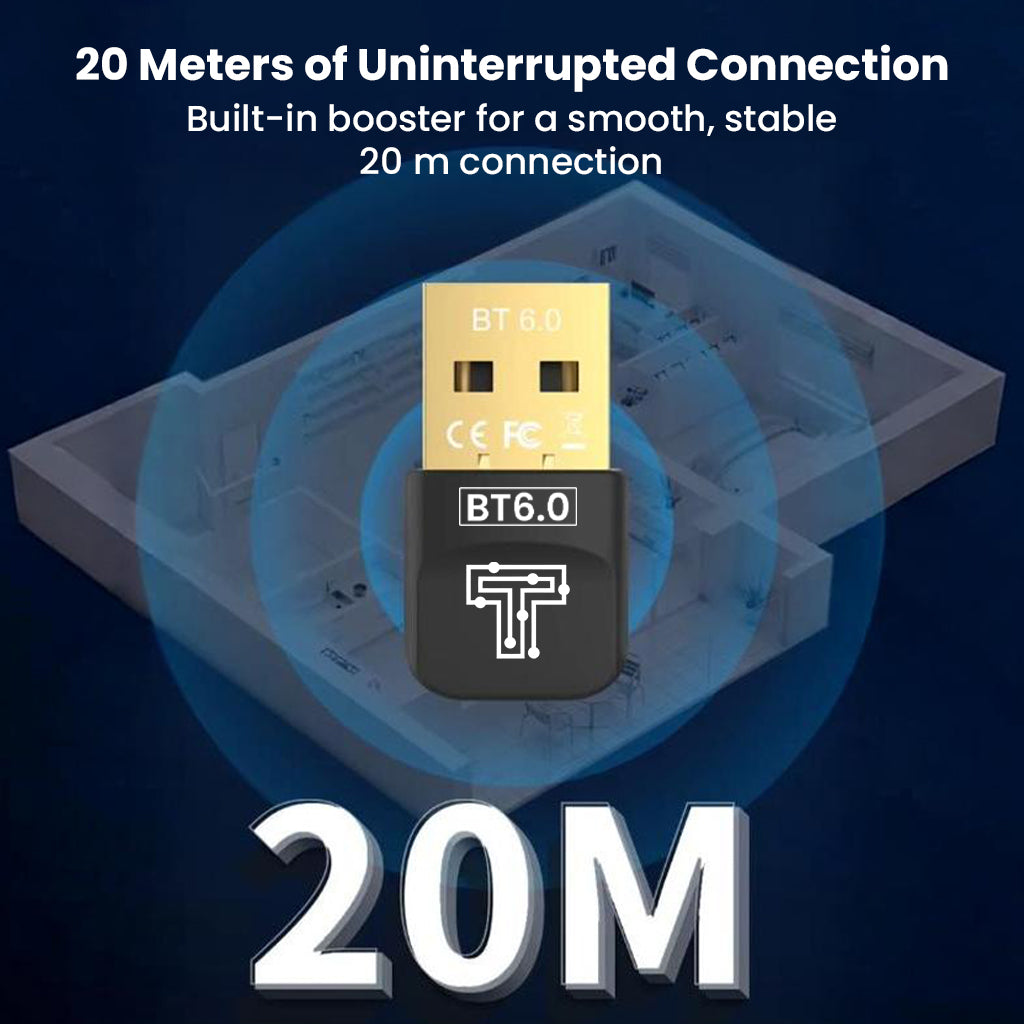 TECPHILE- TP01 Bluetooth 6.0 USB Bluetooth Transmitter offers 20 meters of uninterrupted wireless range with built-in booster for stable connectivity.