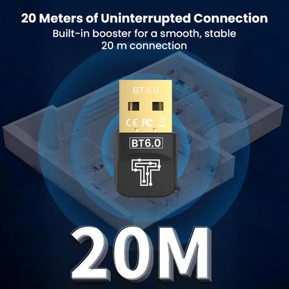 TECPHILE- TP01 Bluetooth 6.0 USB Bluetooth Transmitter offers 20 meters of uninterrupted wireless range with built-in booster for stable connectivity.