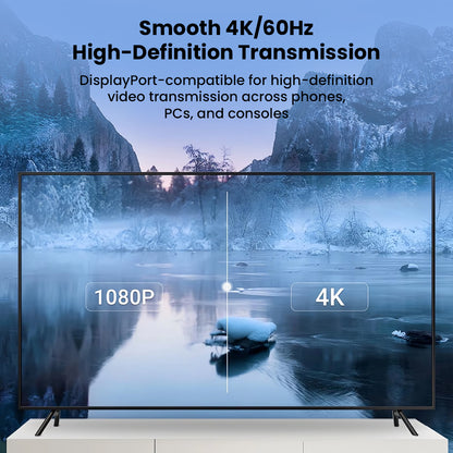 TECPHILE TP02 cable enables smooth 4K/60Hz video transmission via DisplayPort, ideal for phones, PCs, and gaming consoles.