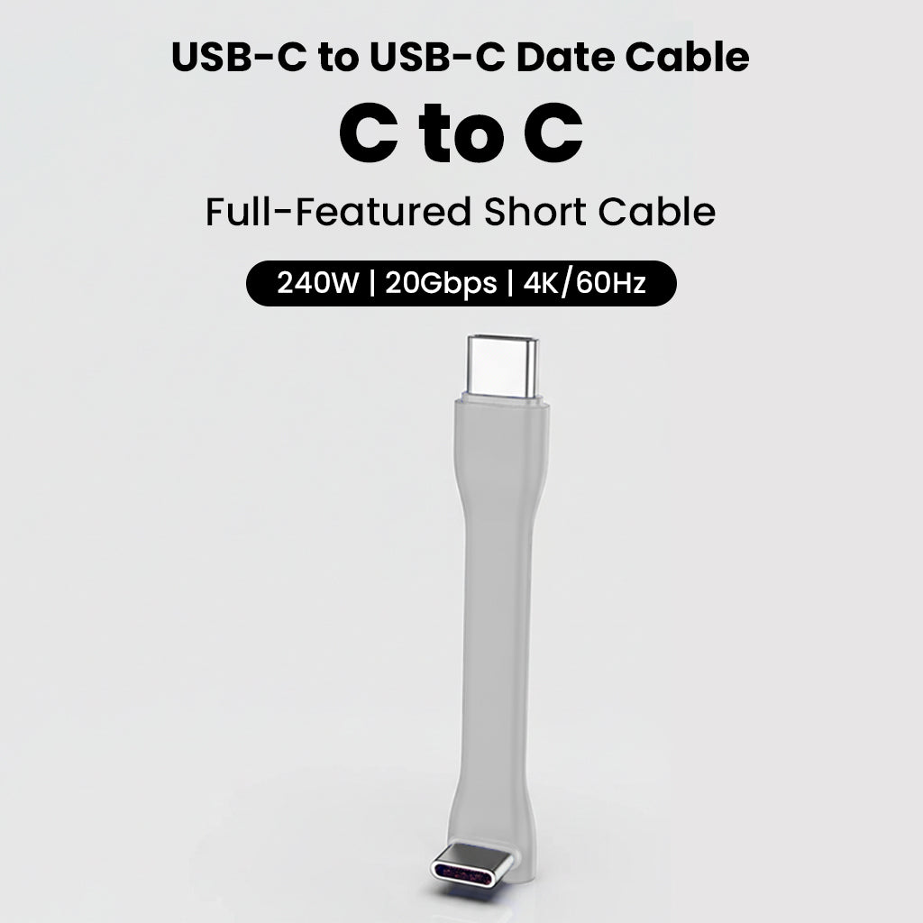 TECPHILE TP02 USB-C to USB-C short cable supports 240W power, 20Gbps speed, and 4K/60Hz video for fast charging and data transfer.