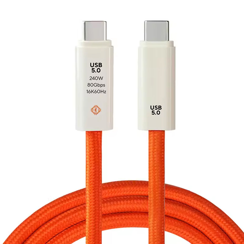 TECPHILE TP03 240W Type-C to Type-C fast charging cable with USB 5.0, 80Gbps speed, and 16K video support in orange nylon braided design.