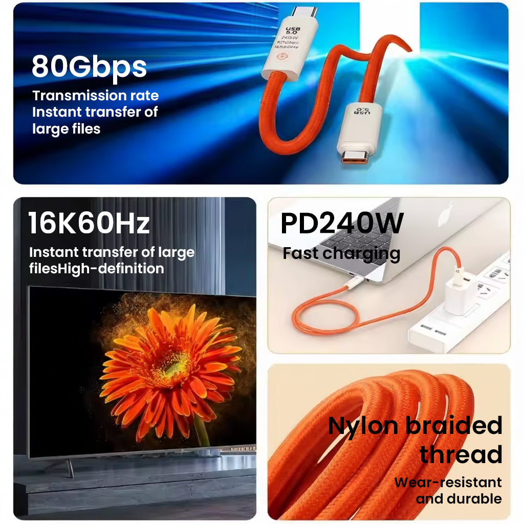 TECPHILE TP03 240W USB-C cable featuring 80Gbps transfer, 16K60Hz video, and durable nylon braided design for fast charging and data sync.