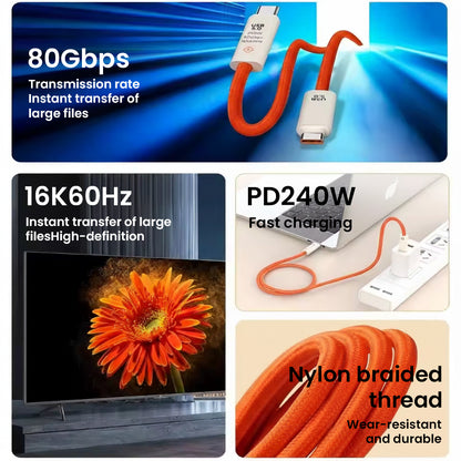 TECPHILE TP03 240W USB-C cable featuring 80Gbps transfer, 16K60Hz video, and durable nylon braided design for fast charging and data sync.