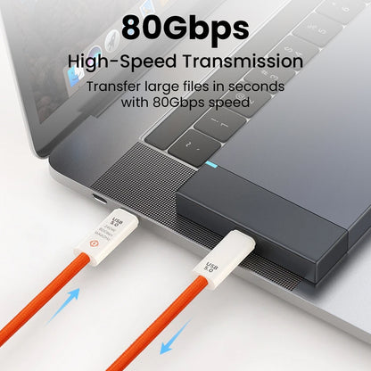 TECPHILE TP03 USB-C to USB-C cable connected to a laptop, showcasing 80Gbps high-speed data transfer for seamless file sharing.
