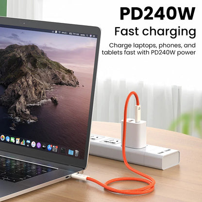 TECPHILE TP03 240W PD fast charging cable powering a laptop, designed for rapid charging of laptops, tablets, and smartphones.