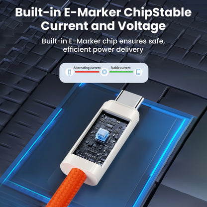 TECPHILE TP03 USB-C cable with built-in E-Marker chip for stable current and voltage, ensuring safe and efficient power delivery.