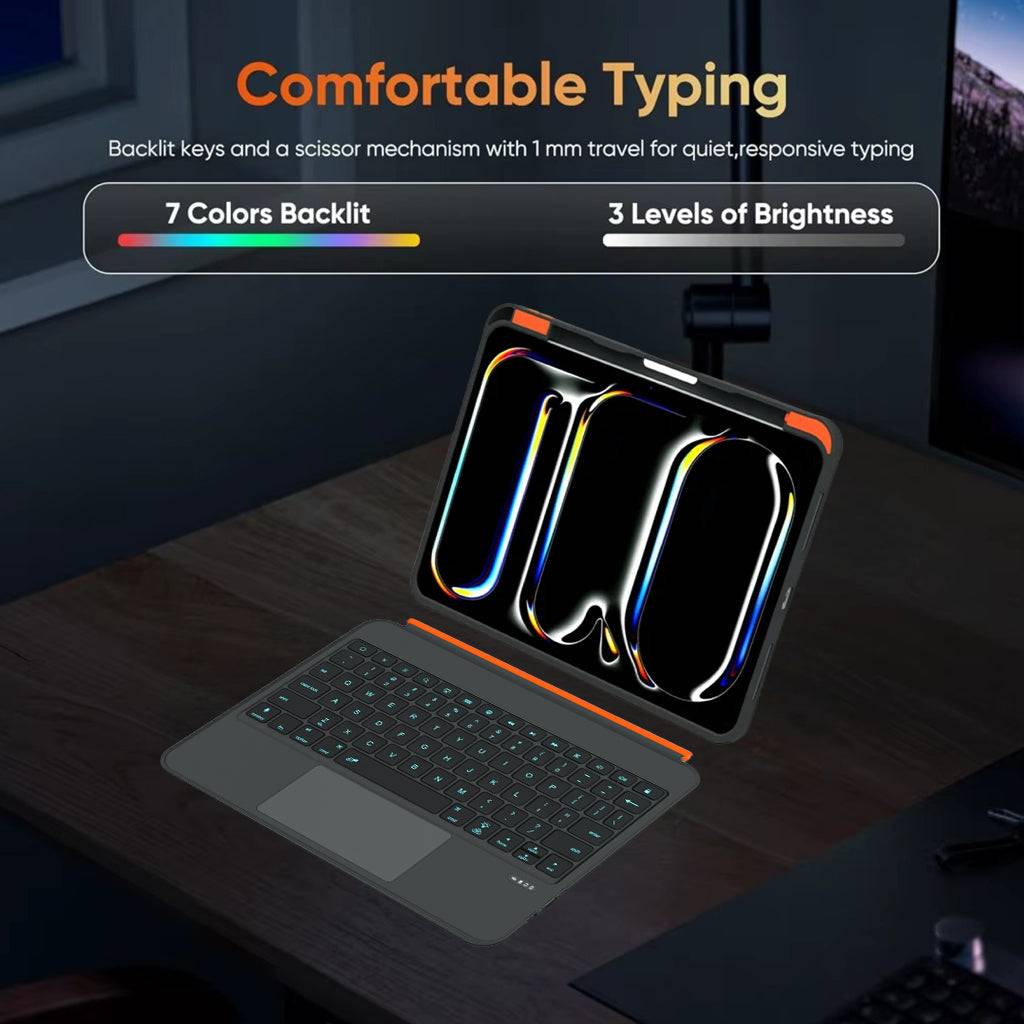Comfortable typing with TU3607 Keyboard for iPad A16, Air 11 M3/M2, Air 4th/5th & Pro 11 featuring 7-color backlit keys and 3 brightness levels.