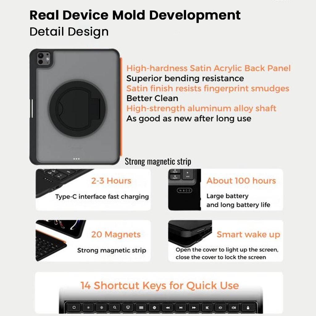 TU3607 Keyboard case for iPad A16, Air 11 M3/M2, Air 4th/5th & Pro 11 with satin acrylic back, aluminum alloy shaft, and magnetic strip design.