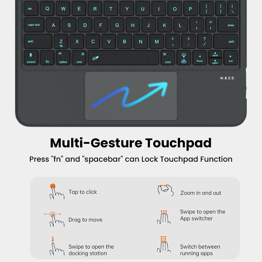 Multi-gesture touchpad on TU3607 Keyboard for iPad A16, Air 11 M3/M2, Air 4th/5th & Pro 11 supports tap, drag, zoom, and app switching.