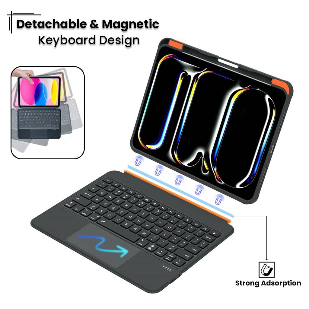 Detachable magnetic TU3607 Keyboard for iPad A16, Air 11 M3/M2, Air 4th/5th & Pro 11 with strong adsorption and flexible positioning.