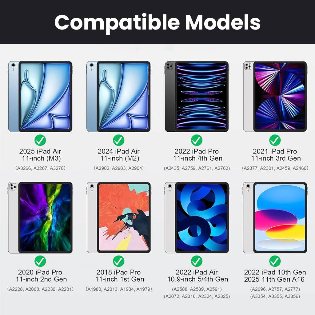 Compatible with iPad A16, Air 11 M3/M2, Air 4th/5th & Pro 11 (1st-4th Gen), TU3607 Keyboard supports multiple iPad models from 2018 to 2025.