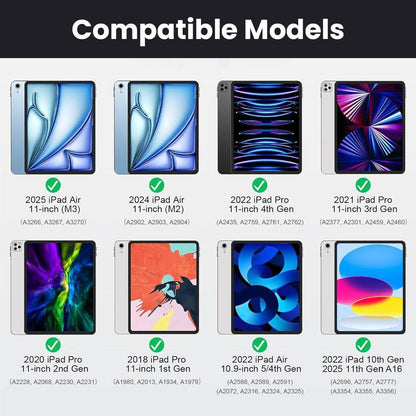 Compatible with iPad A16, Air 11 M3/M2, Air 4th/5th & Pro 11 (1st-4th Gen), TU3607 Keyboard supports multiple iPad models from 2018 to 2025.