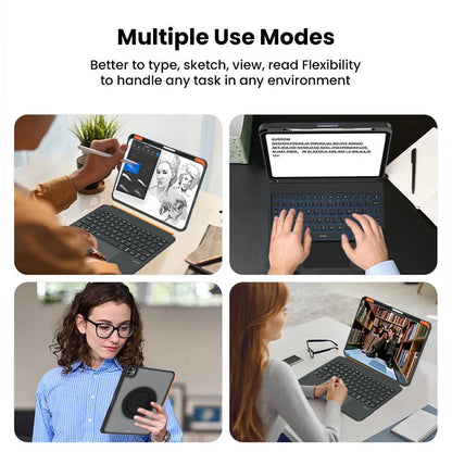 TU3607 Keyboard for iPad A16, Air 11 M3/M2, Air 4th/5th & Pro 11 supports multiple use modes for typing, sketching, reading, and video calls.