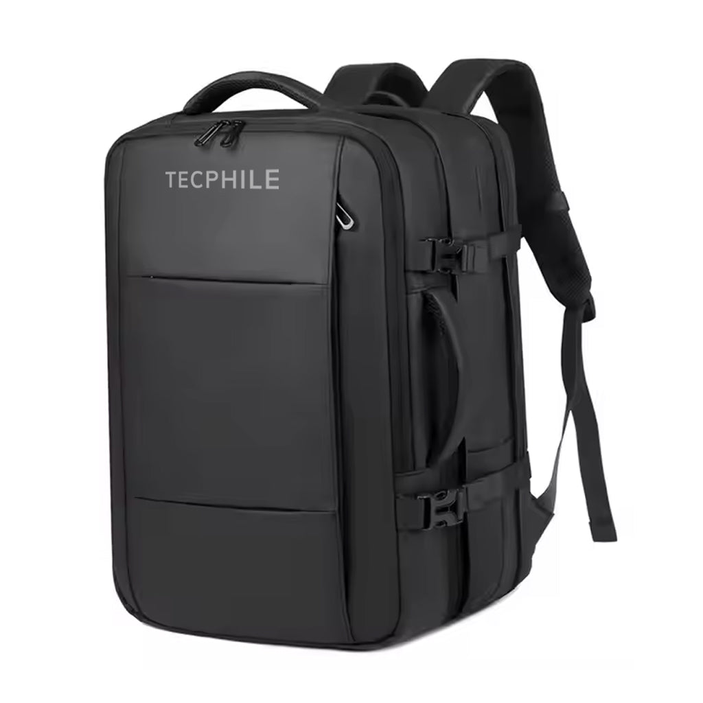 TECPHILE Travel Laptop Bag 22L 37L Expandable and Convertible Backpack in sleek black design with ergonomic straps and multiple compartments.
