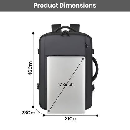 TECPHILE smart backpack with 46cm x 31cm x 23cm dimensions, fits 17.3-inch laptops, ideal for travel and work use.