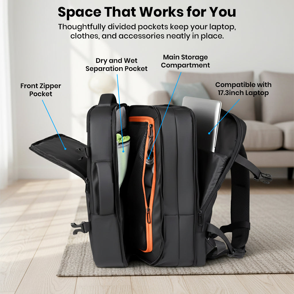 Spacious TECPHILE laptop backpack with multiple compartments including dry/wet separation and 17.3-inch laptop compatibility.