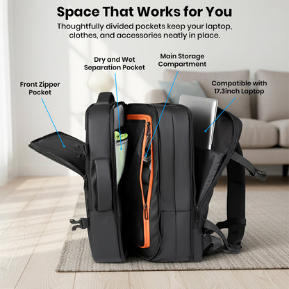 Spacious TECPHILE laptop backpack with multiple compartments including dry/wet separation and 17.3-inch laptop compatibility.