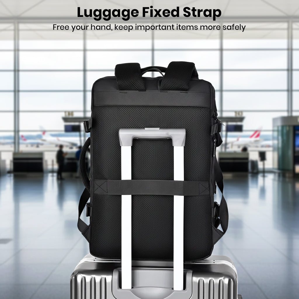 TECPHILE backpack with luggage strap feature, securely attaches to suitcase handle for convenient airport travel.