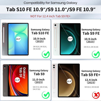 Compatibility chart for XZT-S9 Keyboard Case, fits Galaxy Tab S10 FE 10.9”, S9 FE 11.0”, and S9 FE+ 10.9”, not for 12.4” S9 FE+.