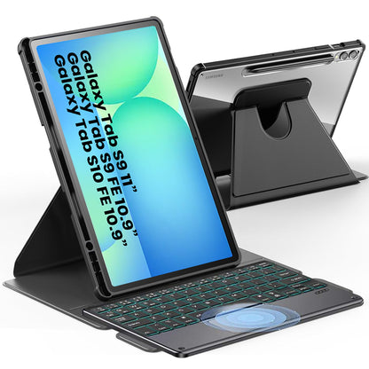 XZT-S9 Keyboard Case for Galaxy Tab S10 FE/S9 FE/S9 with touchpad and 360° rotating stand, shown in typing and viewing modes.