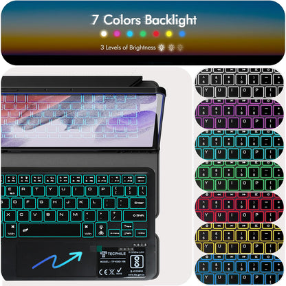 XZT-S9 Keyboard Case features 7-color backlit keyboard with 3 brightness levels, ideal for low-light tablet use.