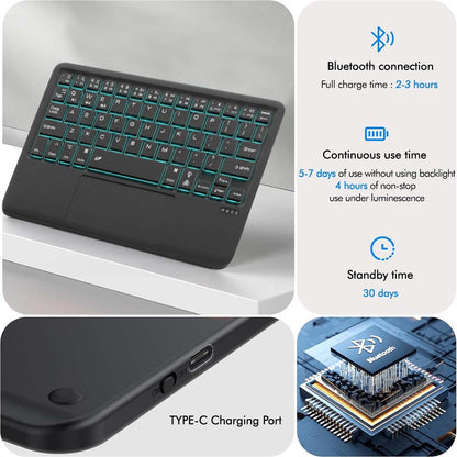 Bluetooth-enabled XZT-S9 Keyboard Case with Type-C charging, 5-7 days use time, and 30-day standby battery life.