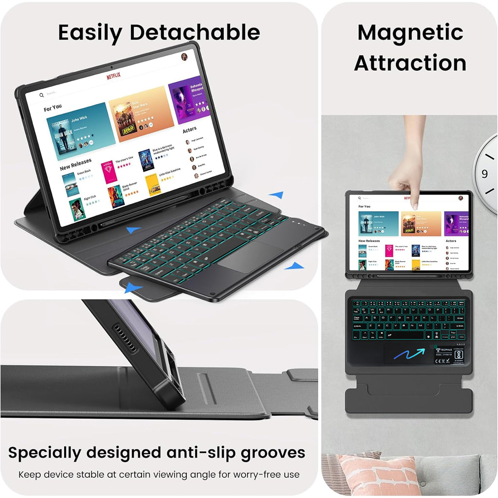 XZT-S9 Keyboard Case with detachable magnetic keyboard and anti-slip grooves for stable viewing angles on Galaxy Tab.