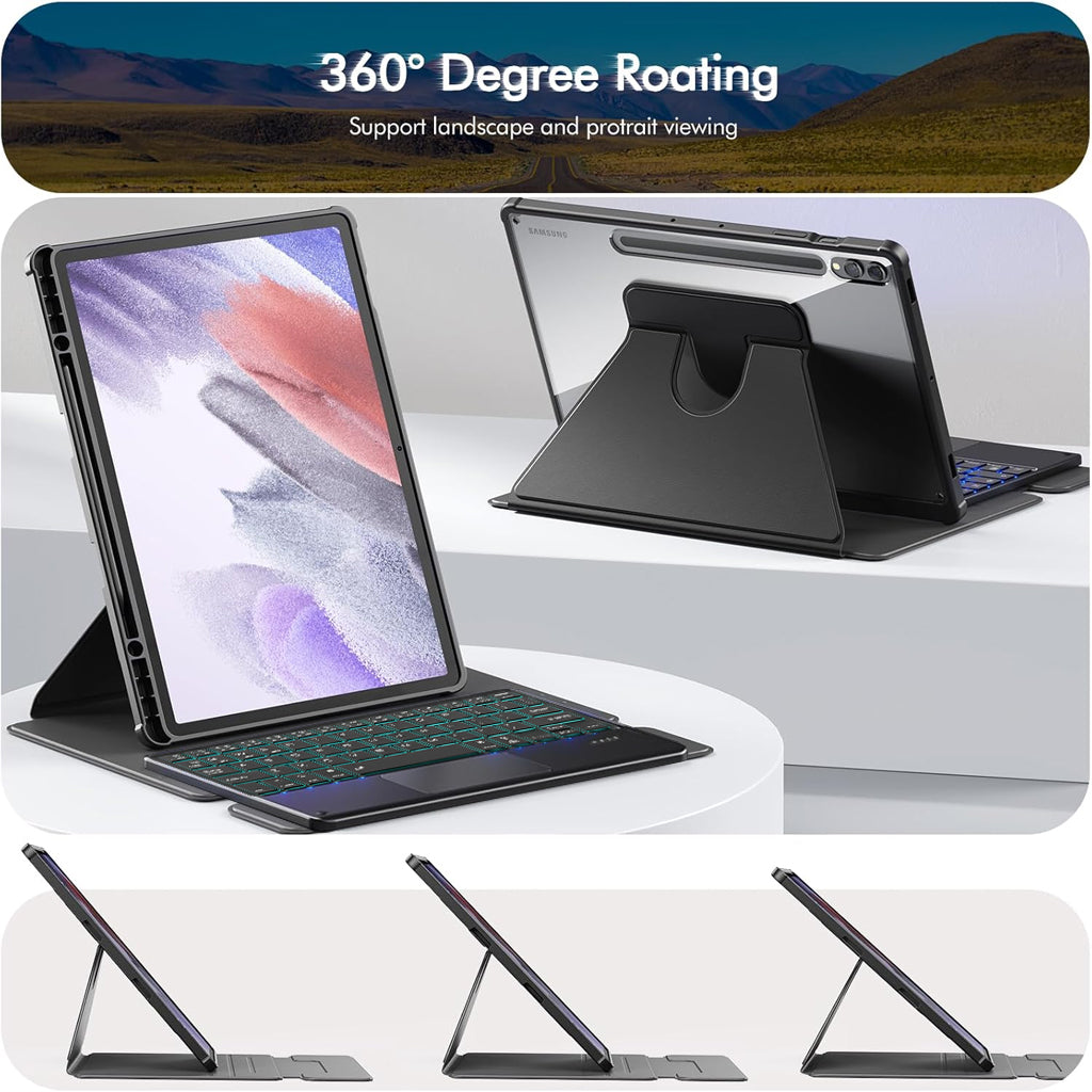 XZT-S9 Keyboard Case supports 360° rotation for landscape and portrait viewing, enhancing tablet versatility.