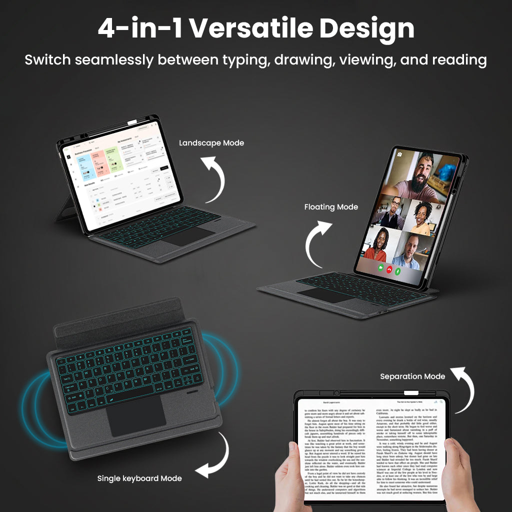 4-in-1 versatile design of TECPHILE- TJ-OP132 Keyboard Case allows typing, drawing, viewing, and reading modes for OnePlus Pad 13.2 inch.
