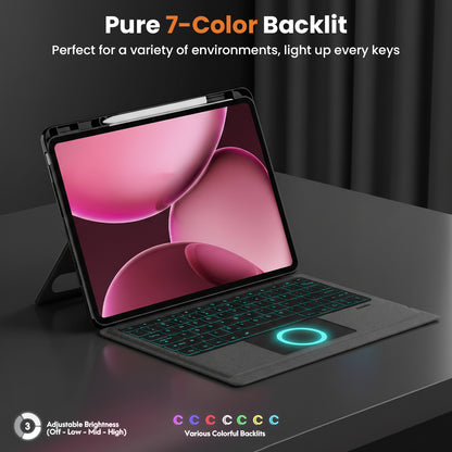 TECPHILE- TJ-OP132 Keyboard Case features a 7-color backlit keyboard with adjustable brightness, enhancing visibility in all lighting conditions.