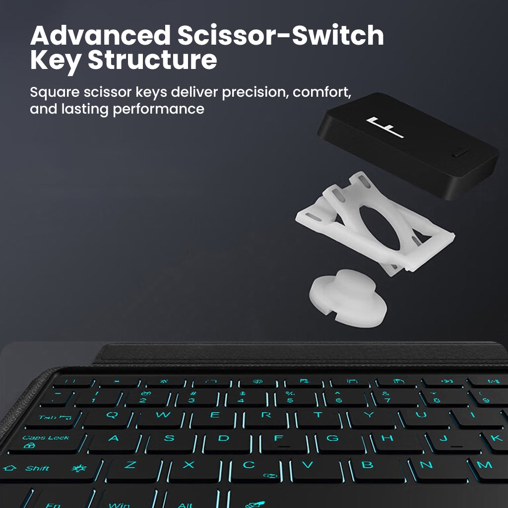 Advanced scissor-switch key structure in TECPHILE- TJ-OP132 Keyboard Case ensures precise, comfortable, and durable typing performance.