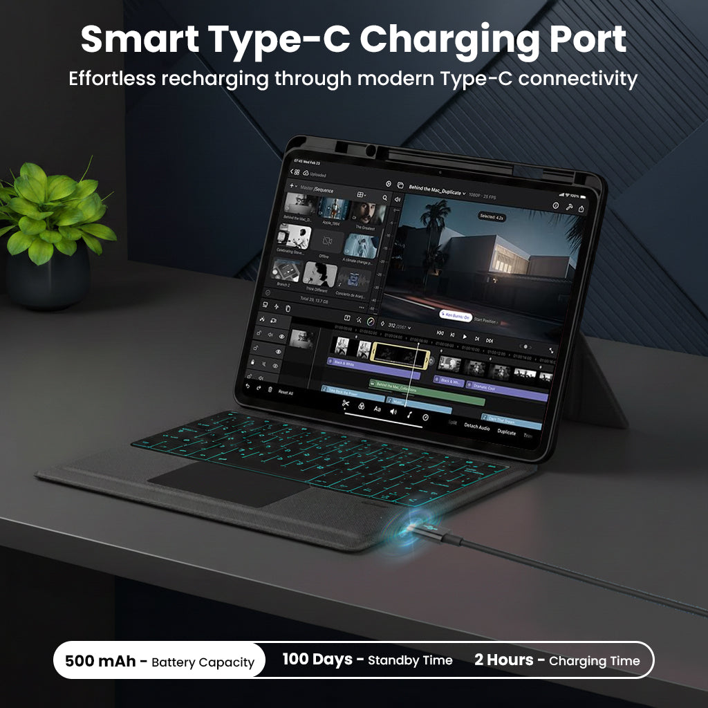 Smart Type-C charging port on TECPHILE- TJ-OP132 Keyboard Case enables fast recharging with 500mAh battery and 100-day standby time.