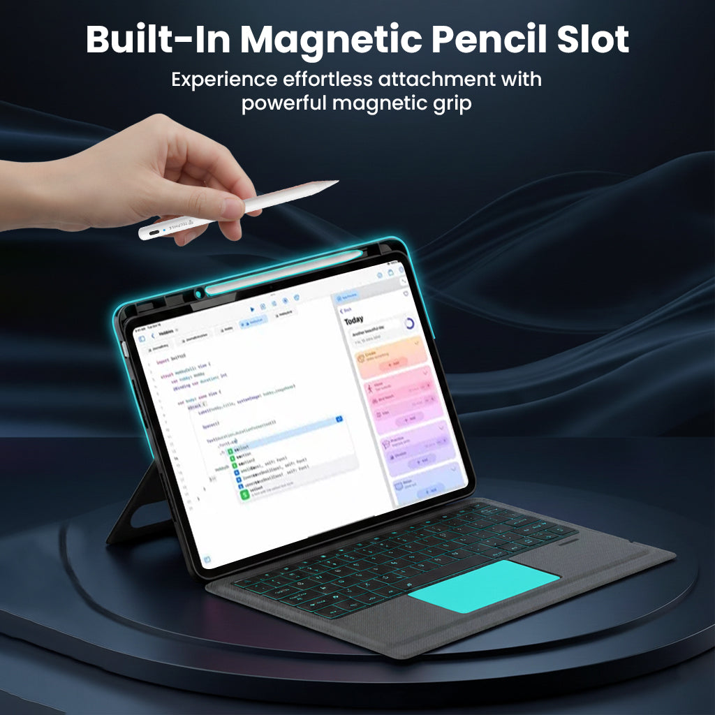 Built-in magnetic pencil slot on TECPHILE- TJ-OP132 Keyboard Case provides secure stylus attachment for OnePlus Pad 13.2 inch tablets.
