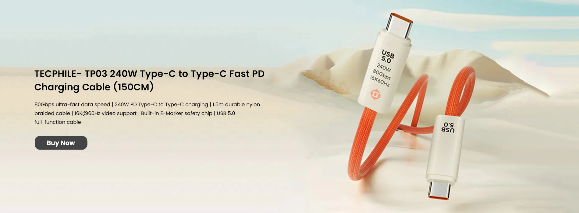 Tecphile  tp03 240w type c to type c fast pd charging cable 150cm