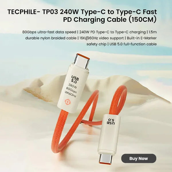 Tecphile  tp03 240w type c to type c fast pd charging cable 150cm for mobile