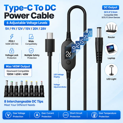 TECPHILE PD 140W USB C to DC Power Cable & Adapter with Digital Display