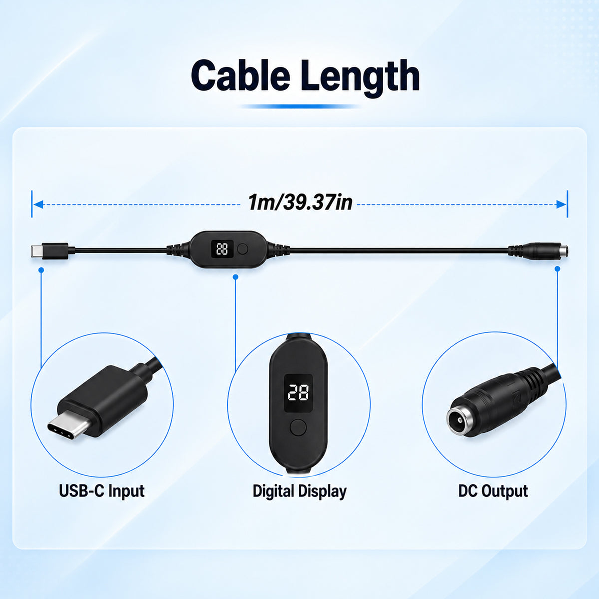 TECPHILE PD 140W USB C to DC Power Cable & Adapter with Digital Display