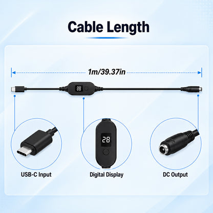 TECPHILE PD 140W USB C to DC Power Cable & Adapter with Digital Display