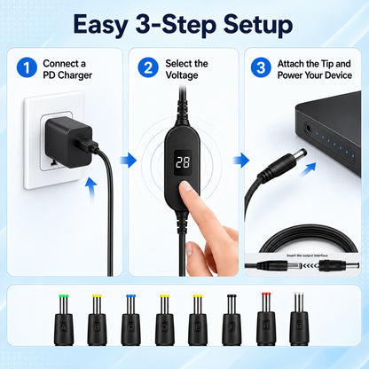 TECPHILE PD 140W USB C to DC Power Cable & Adapter with Digital Display
