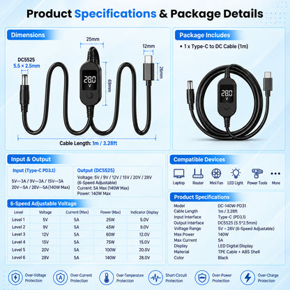 TECPHILE PD 140W USB C to DC Power Cable & Adapter with Digital Display