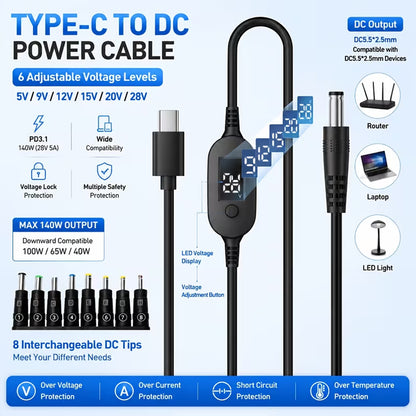 TECPHILE PD 140W USB C to DC Power Cable & Adapter with Digital Display