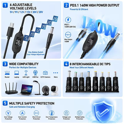 TECPHILE PD 140W USB C to DC Power Cable & Adapter with Digital Display