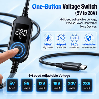 TECPHILE PD 140W USB C to DC Power Cable & Adapter with Digital Display