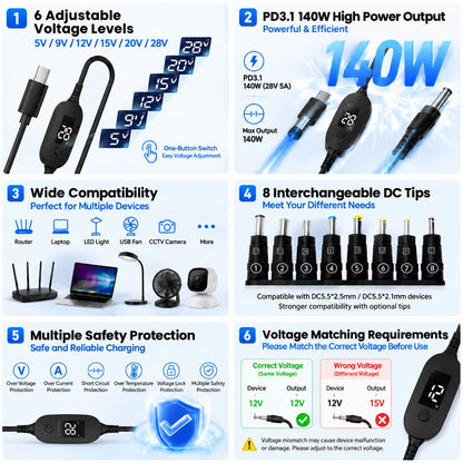 TECPHILE PD 140W USB C to DC Power Cable & Adapter with Digital Display