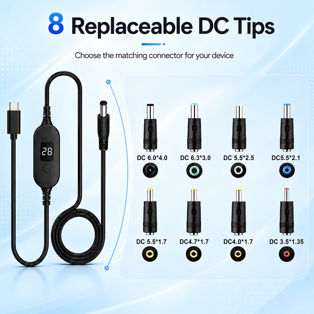 TECPHILE PD 140W USB C to DC Power Cable & Adapter with Digital Display