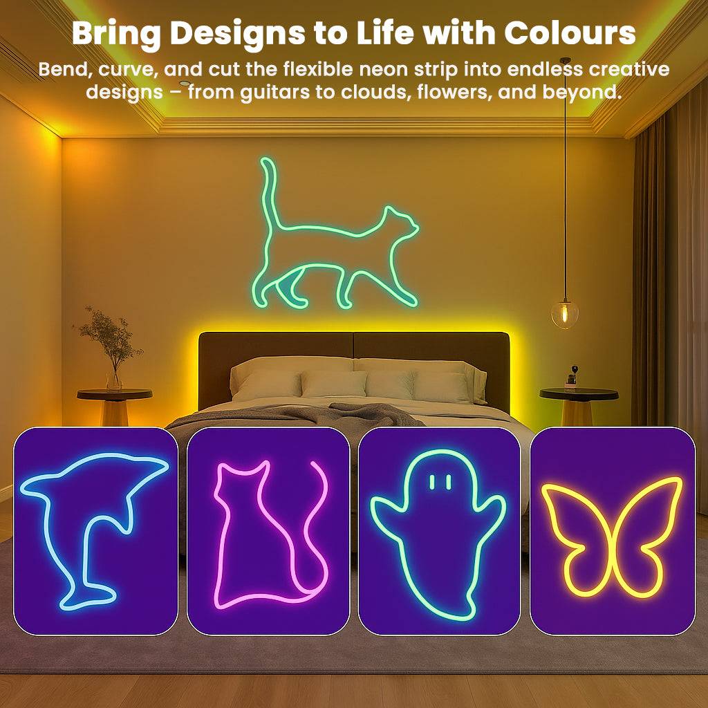 TECPHILE Neon Rope Lights used for colorful wall art designs like cats, dolphins, and butterflies, ideal for creative home decor.